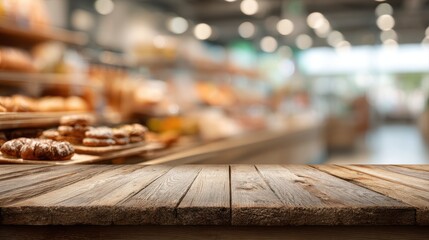 Wooden board empty table background. abstract blurred bakery shop background
