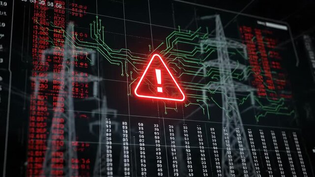 High Voltage Power Grid Failure Warning - A digital screen displays a warning signal (red triangle) superimposed over a schematic of an electrical power grid and pylons.