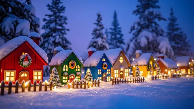 Illuminated Christmas Village in Snow - This video shows a charming miniature Christmas village covered in snow.