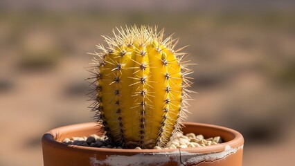 Yellow barrel cactus with radial spines in weathered terracotta pot highlights desert resilience and vivid texture