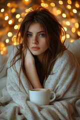 A young woman has breakfast in bed