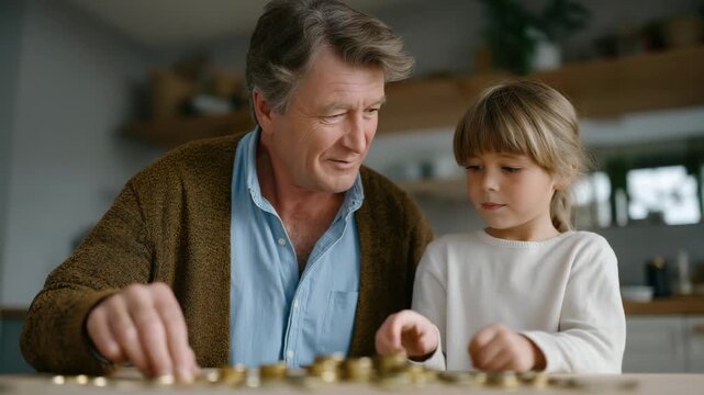 A grandparent skipping personal expenses to help pay for a grandchild&rsquo;s education, counting coins at the kitchen table with quiet determination &mdash; generational sacrifice, love, and family