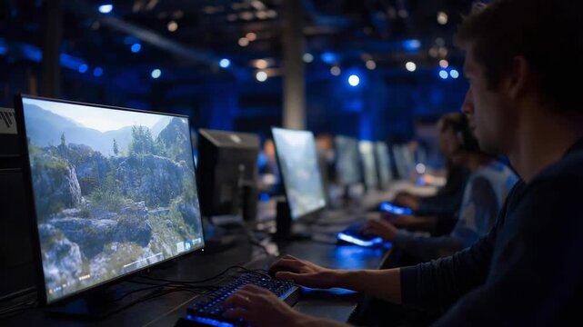 A high-tech gaming hub filled with VR stations, esports competitors at LED-lit desks, and large screens tracking tournament scores &mdash; immersive digital entertainment, competitive gaming, and youth