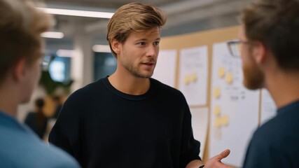 A manager facilitating a brainstorming session in a flexible workspace, encouraging diverse perspectives as the team sketches ideas on movable whiteboards — collaborative culture, problem-solving