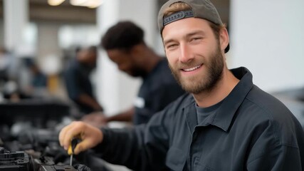 A manufacturing team creating modular products designed for easy repair and recycling, assembling components with simplified fasteners — circular economy design, extended product lifespan, and