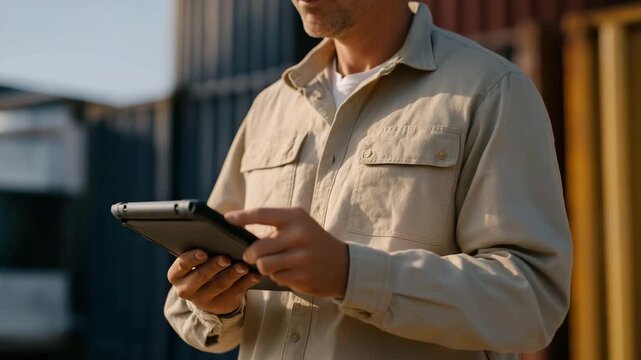 A logistics officer walking between stacked onboard containers with a rugged tablet in hand, verifying temperature-controlled units for pharmaceuticals and perishables &mdash; cold-chain monitoring,