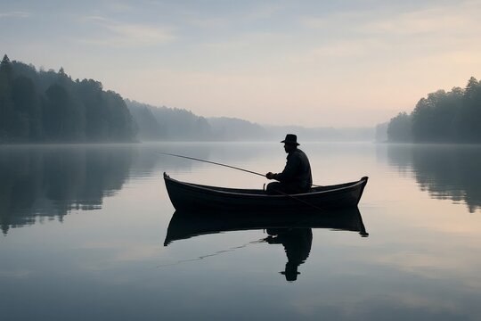 Silhouette angler fishing from a small rowboat on a misty calm lake at dawn, serene nature landscape. - Powered by Adobe