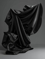 Naklejka premium Elegant Black Fabric Draped and Flowing Gracefully on a Dark Background.