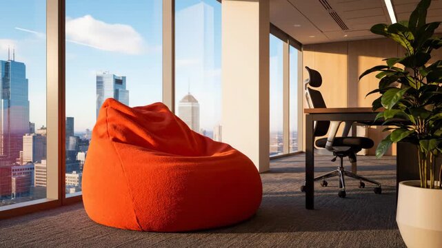 Modern Office Relaxation Space - A contemporary office space features a bright orange beanbag chair near a large window overlooking a cityscape.
