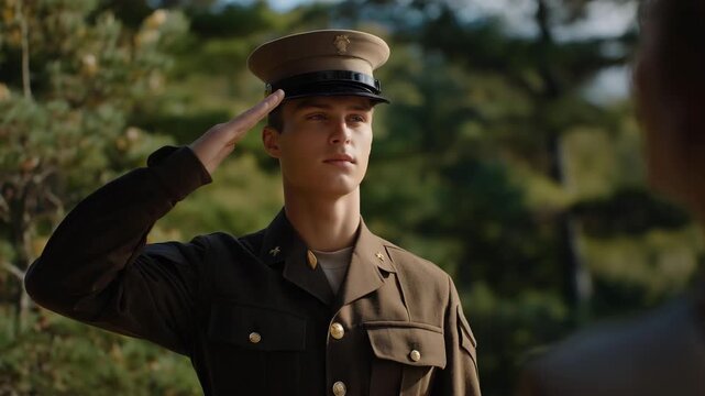 A nervous recruit delivering a first salute during inspection, standing straight as the officer evaluates them &mdash; ceremonial discipline, tradition, and the formative pride of early military moments.