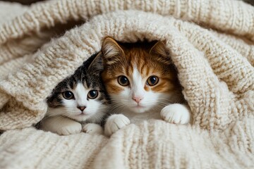 Puppy and kitten at home under the blanket.