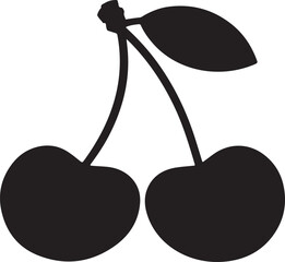 Black Silhouette of Two Cherries with Stem and Leaf