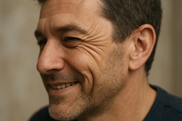 Obraz premium Side view of smiling middle-aged man with wrinkles near eyes and relaxed look.