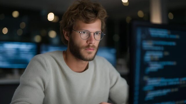 A programmer in a gaming studio debugging real-time gameplay code on multiple monitors, lines of script reflecting on their glasses &mdash; high-pressure development, game engine optimization, and core