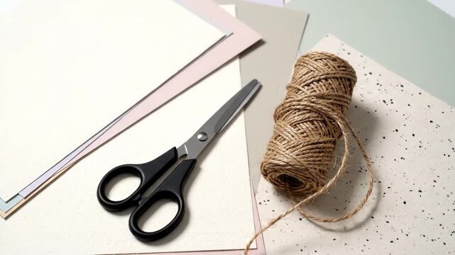 Crafting Supplies Still Life - A flat lay shows crafting materials arranged neatly, including scissors, a spool of twine, and various colored papers.