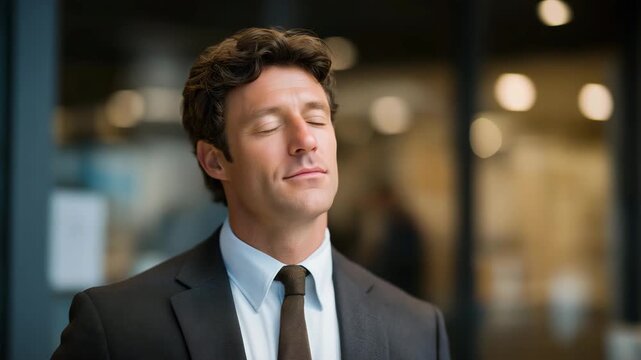 A professional in a corporate lobby taking a moment with eyes closed, steadying nerves before a high-stakes job interview &mdash; workplace anxiety, confidence building, and moments of calm before big