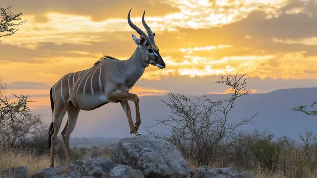  Majestic Kudu in the Wilderness: A majestic kudu with spiraling horns surveys its domain under a breathtaking sky at dawn, showcasing the raw beauty and untamed spirit of the African savannah.