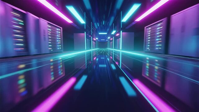 Futuristic data center server room corridor with neon pink and cyan lighting effects creating cyberpunk atmosphere with reflective floor and high-tech computing infrastructure