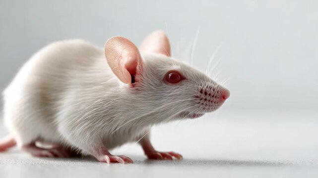 Small white albino mouse with red eyes, sniffing and wiggling its nose while sitting on a clean, grey surface, its whiskers twitching with curiosity in a laboratory or pet setting