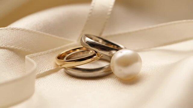 Wedding Rings and Pearl on Silk - Close-up shot of intertwined gold and silver wedding rings with a pearl resting on a creamy white silk background with a ribbon.