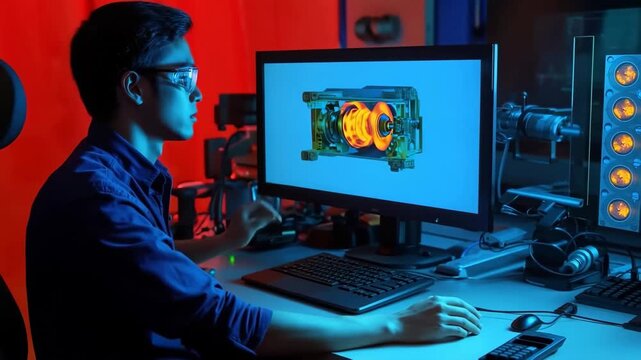 Tech-Savvy Vision: A focused individual, illuminated by a vivid monitor displaying intricate designs, is a portrait of innovation, hard work and digital engagement. The image is an ode to ingenuity.