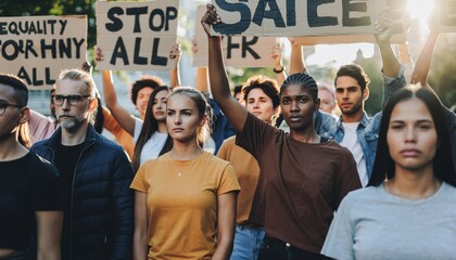 Diverse group of people protesting outdoors holding signs demanding change.