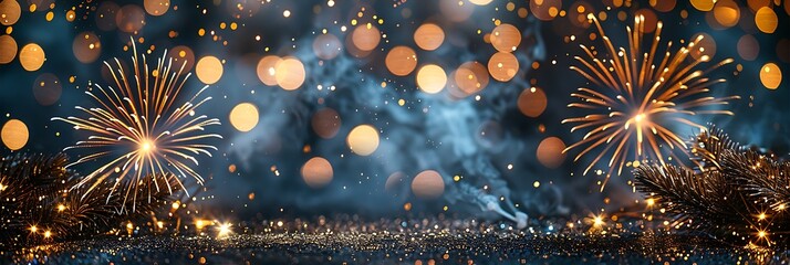 Panoramic Night Sky with Fireworks and Bokeh Lights Celebration