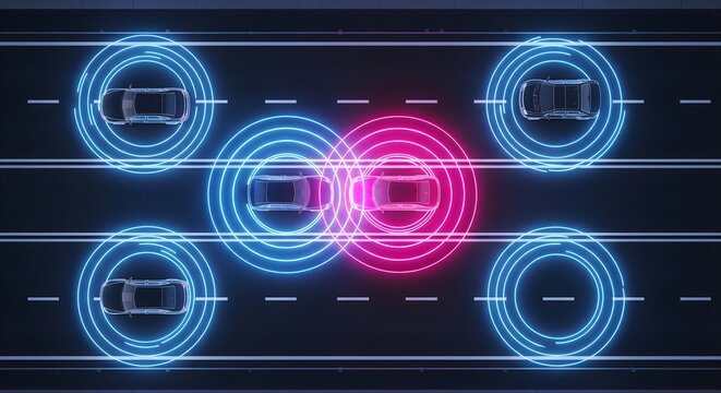 Autonomous vehicles communicating and avoiding collision with glowing sensor data on dark road