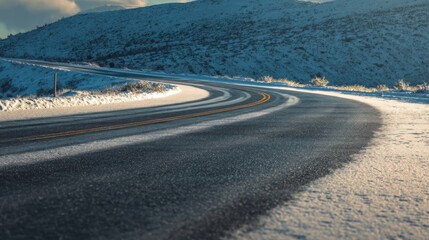 snowy mountain pass, icy serpentine road, gentle sunlight, clean minimal composition, thin snow lines on asphalt, quiet frozen air, realistic textures