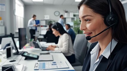 Professional Asian businesswoman with headset working in modern call center office environment with diverse team - Powered by Adobe