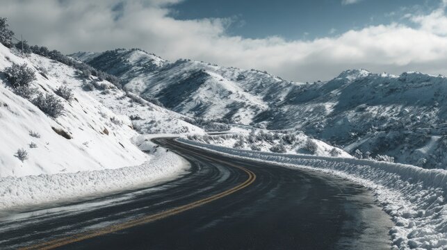 snowy mountain pass, icy serpentine road, gentle sunlight, clean minimal composition, thin snow lines on asphalt, quiet frozen air, realistic textures