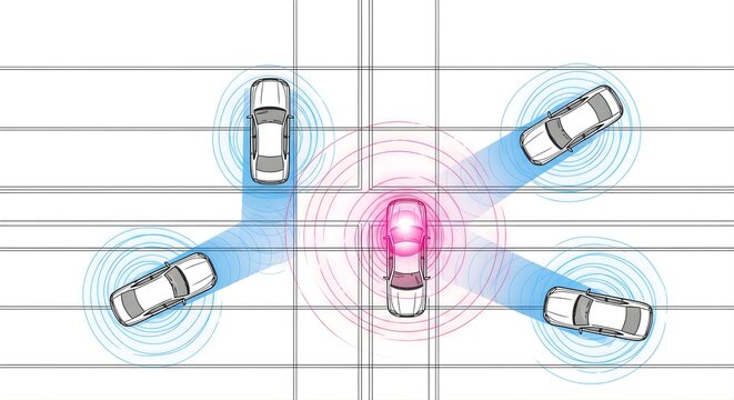 Autonomous cars communicating at intersection, smart vehicle technology managing traffic flow