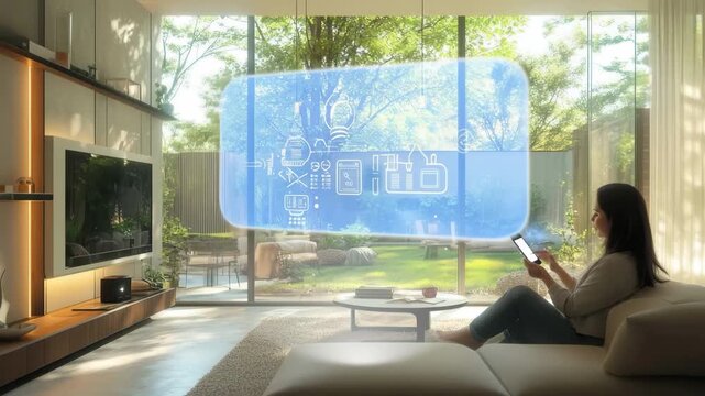 Smart Home Tech in Luxurious Living: A modern woman uses her tablet to control and monitor a digital interface overlaid on a panoramic window.