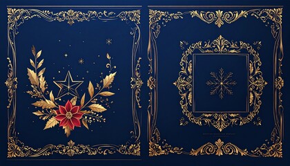 Obraz premium Elegant square holiday cards with dark blue, gold, and white floral and snowflake designs.