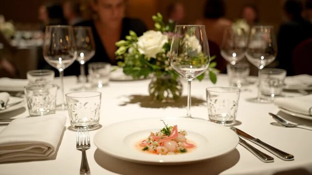 Elegant Fine Dining Table Setting - This video shows a beautifully set table at a fine dining establishment, featuring pristine white linens, sparkling glassware, and a delicate appetizer.