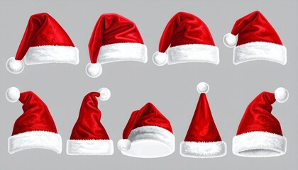 Ten red Santa hats with white trim and pom-poms in varied styles on gray background.