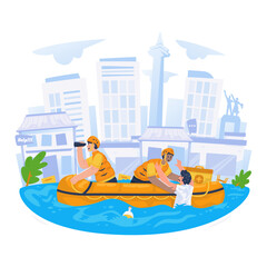 Flood Rescue Team Saves Victims with Rubber Boats Vector Illustration