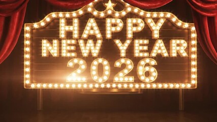 A dazzling marquee sign, brightly illuminated with a multitude of glowing bulbs, grandly announces 'HAPPY NEW YEAR 2026' against a dark, theatrical background. The scene is framed by luxurious, rich r