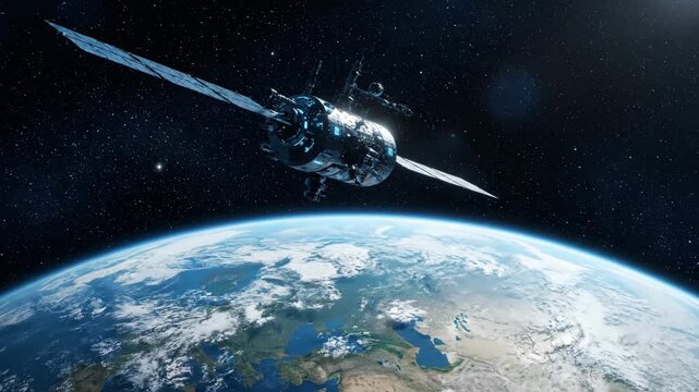 Satellite Orbiting Earth - This video depicts a satellite in orbit around Earth against a backdrop of stars.