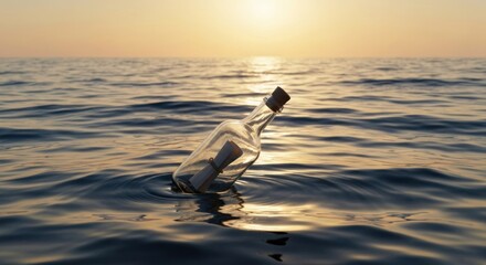 A glass bottle with a message adrift at sea, at sunset