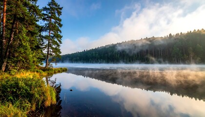 Misty lake view surrounded by lush forest, mirrored in still waters under a bright, partly cloudy sky