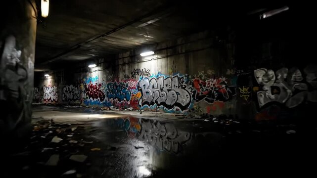 Graffiti Art in Dark Urban Tunnel - This video shows a dark tunnel interior covered in colorful graffiti art.