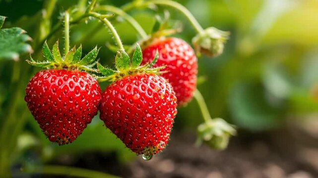 Ripe and juicy strawberries growing in a garden with vibrant red color and natural freshness in the summer sun