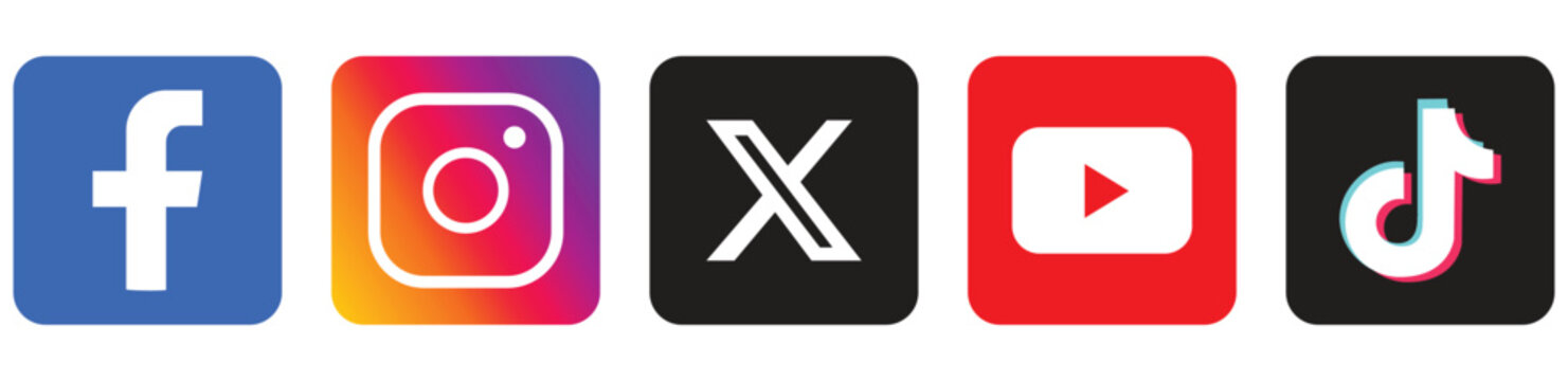 Social media icon set, Facebook, Instagram, X, YouTube, Tiktok, social network logos.