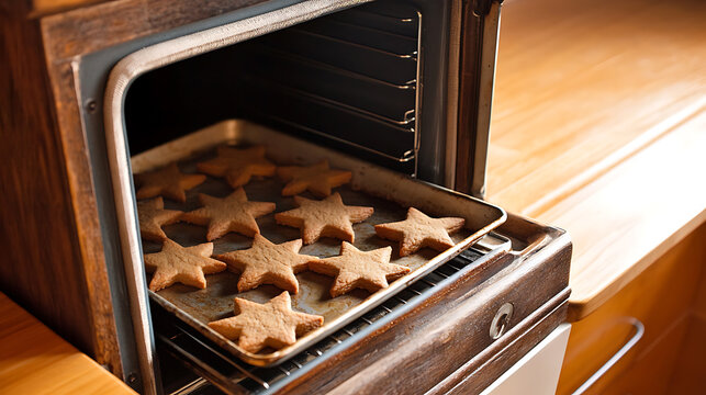Star-shaped cookies baking in the oven. Warm light and inviting, fresh from the oven. Cookie sheet with cookies, baking. Wooden oven finish, delicious, and homemade.