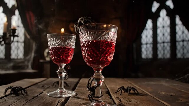 Spooky Halloween scene with goblets of blood red liquid, surrounded by tarantulas and candles in an eerie gothic setting.