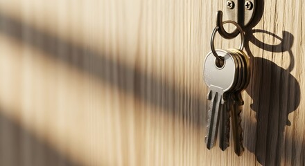 Bunch of modern keys hanging on a wooden wall hook in warm sunlight for home ownership concept and property security