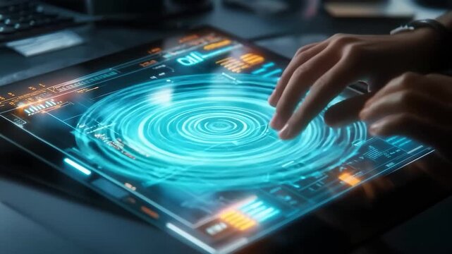 Touch the Future: Close-up of hands interacting with a futuristic touch screen interface, highlighting technological advancement, data visualization, and interactive design.