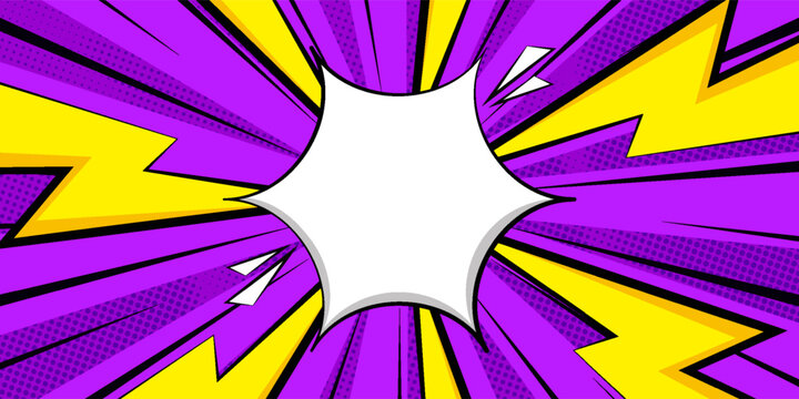 Blank comic cartoon purple background with thunder lightning. empty dialog background thunder lightning. Comic background cartoon style