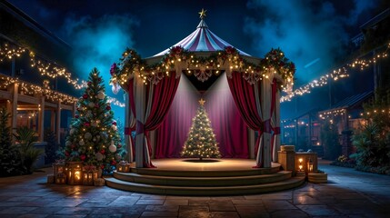 A stage set up for a christmas party with a christmastime tree